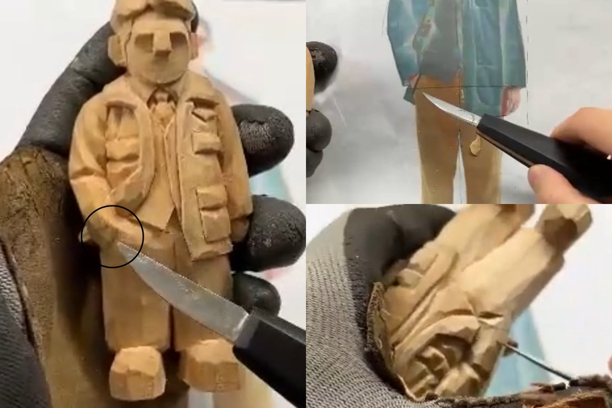 Defining the sleeve, hand, and pants connection with detailed wood carving techniques in a custom wood figure.