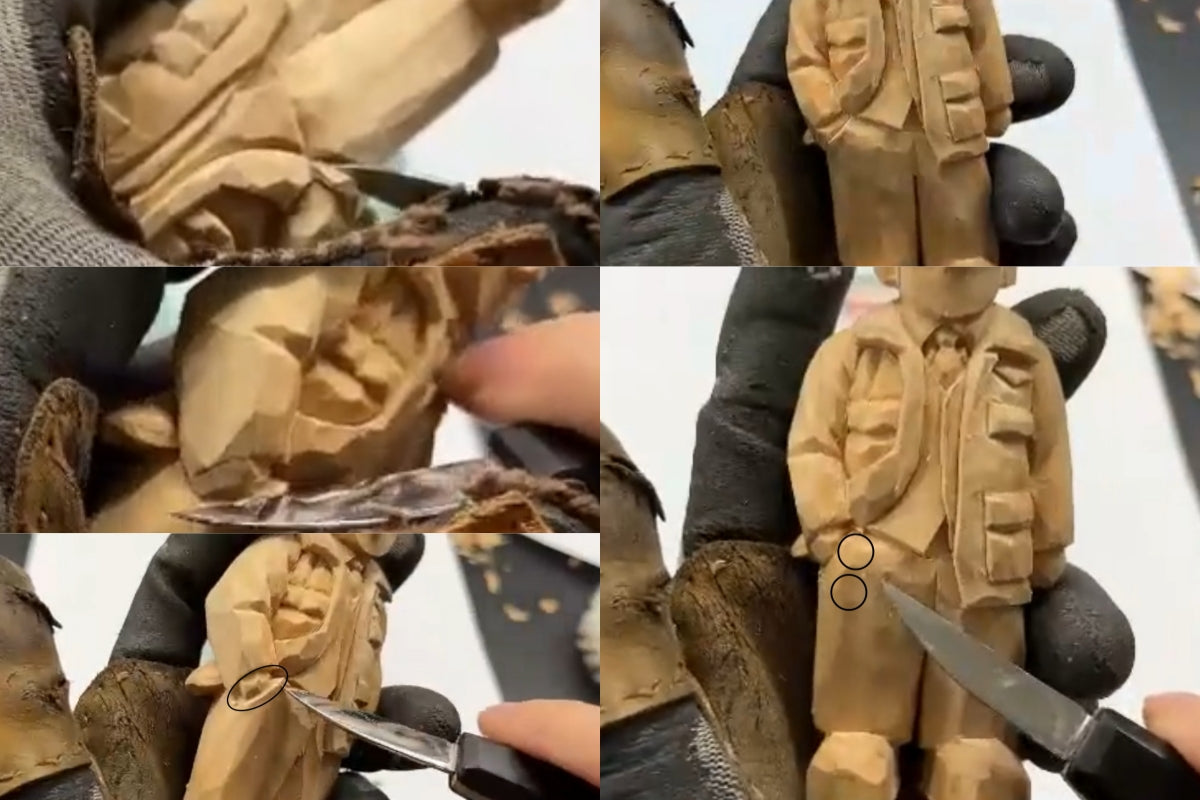 Refining arm and elbow proportions to enhance the realism of human posture in hand-carved wooden figurines.
