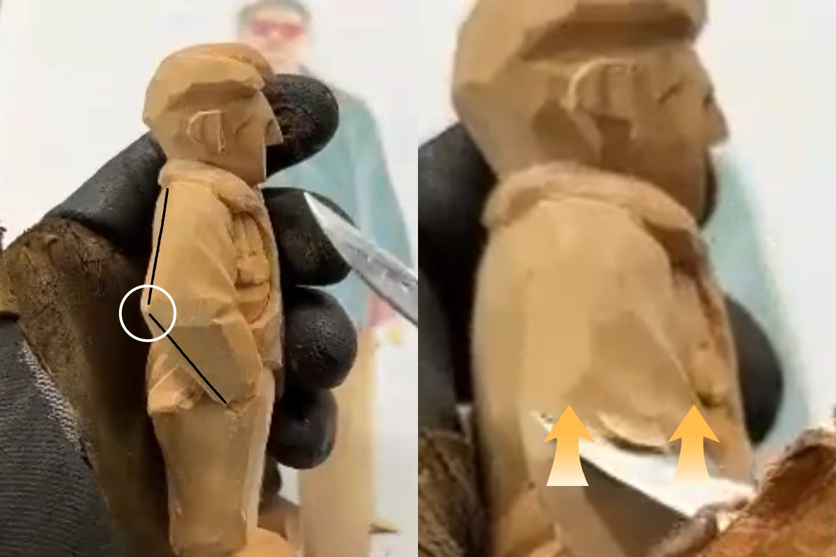 Adjusting the arm bend and carving natural folds to improve gesture accuracy in a wooden sculpture gift.