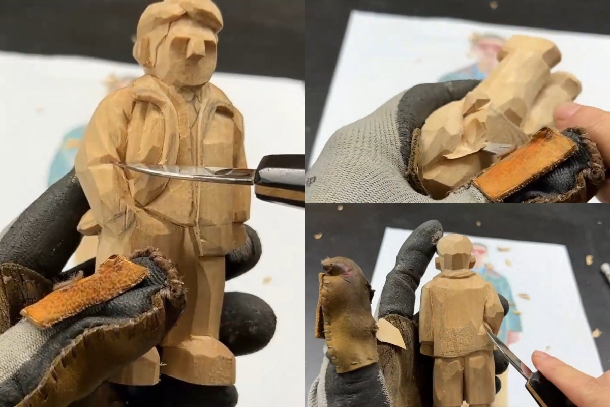 Defining waist and shoulder alignment on a wood figurine dressed in light clothing, a crucial step for balanced Svn Futures  gifts carving.