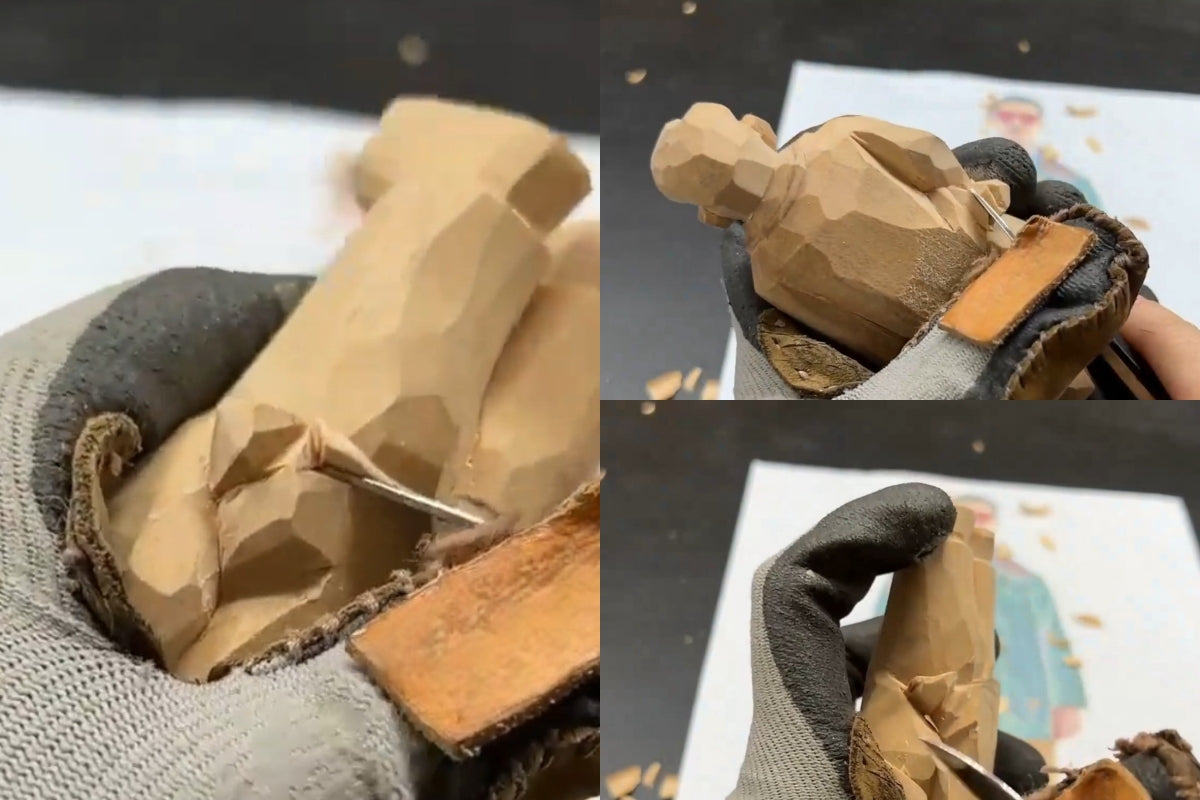 Creating natural clothing folds and deep joint cuts to sculpt realistic layers in hand carved Svn Futures  gifts figurines.