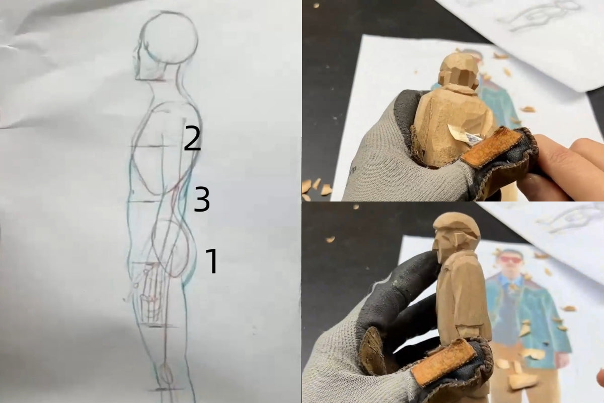 Carving depth into the waistline to reflect correct body curvature, enhancing realism in wood carved sculpture details.