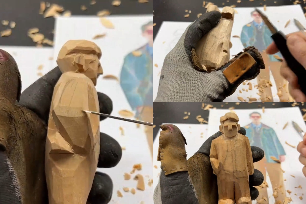 Carving a bent arm on a wooden figure, showing upper and lower arm separation—step-by-step Svn Futures  gifts tutorial.