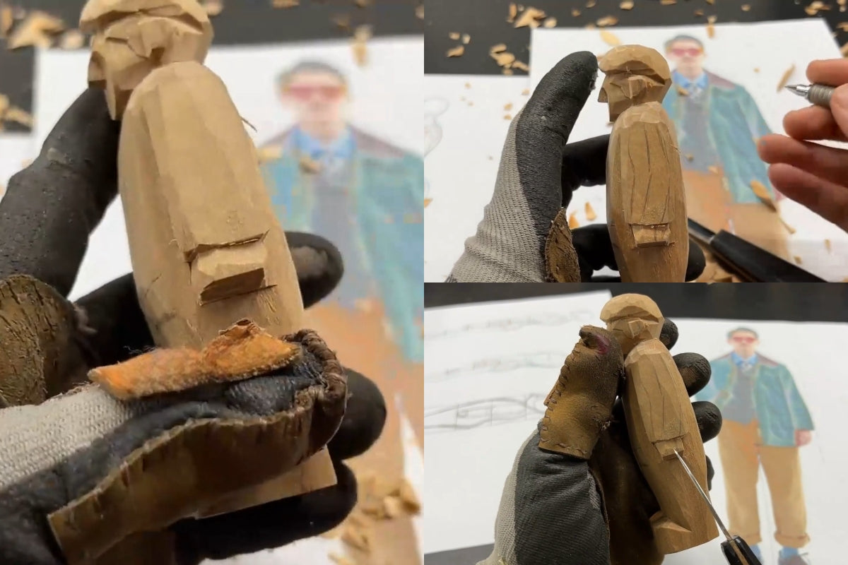 Refining hand and arm proportions on a wooden figure, highlighting carving adjustments for realistic Svn Futures  gifts.