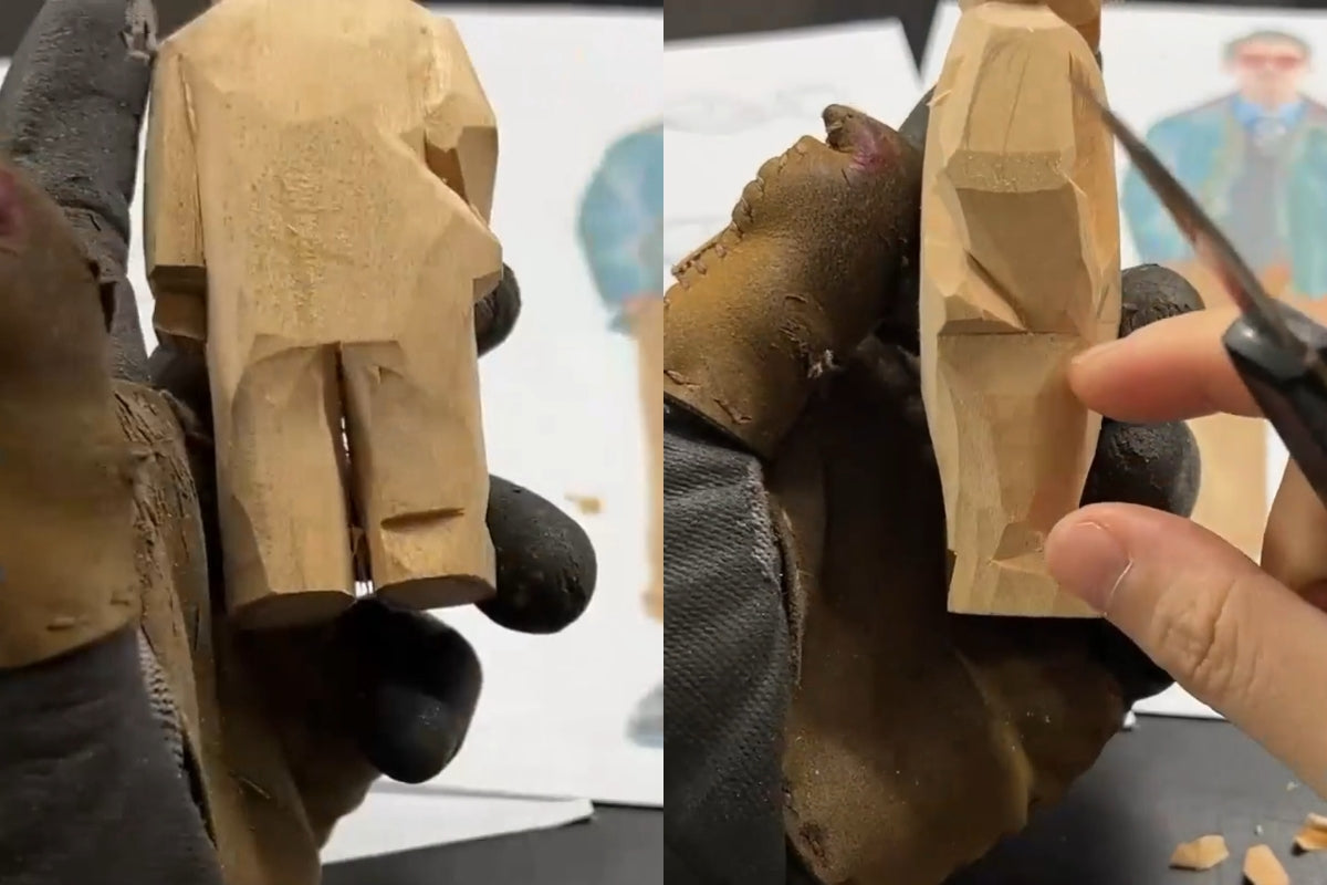 Marking the division between pants and shoes on a short-legged wooden figure—woodcarving for Svn Futures  gifts.